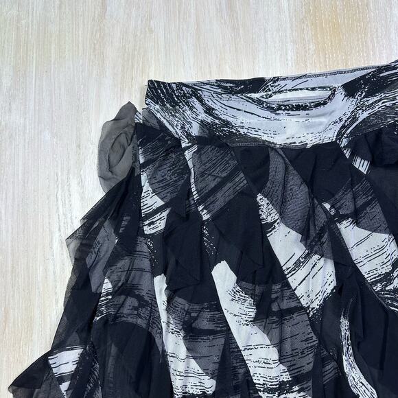 Ethyl Black Ivory Mesh Ruffle Abstract Monochrome Swirl Graphic Pattern Skirt 6 - Picture 7 of 12